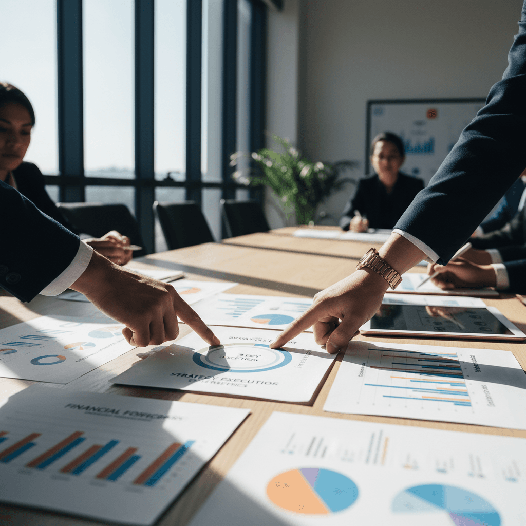 Consulente che presenta strategie di business con analisi dei dati